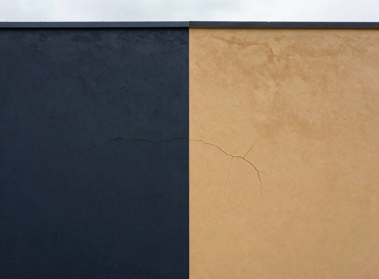 Before/After split image of a building exterior, showing cracked and stained walls on the 'before' side, and a smooth, freshly painted and repaired facade on the 'after' side, natural overcast daylight, deep navy and warm amber tones, crisp details, 35mm