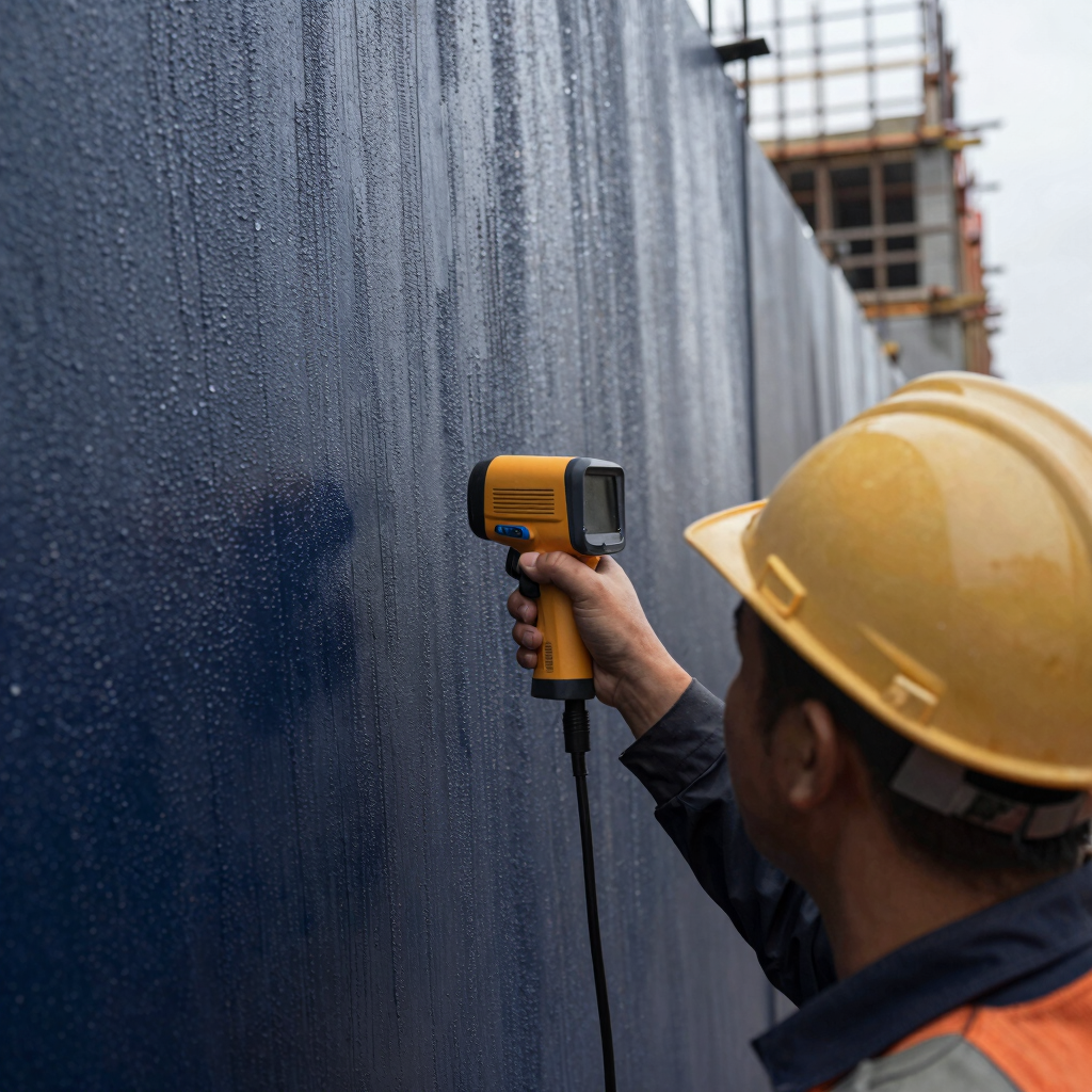 Chiayi construction site, close-up of a worker using a thermal imager on a damp wall, natural overcast daylight, deep navy and warm amber tones, crisp details, 35mm