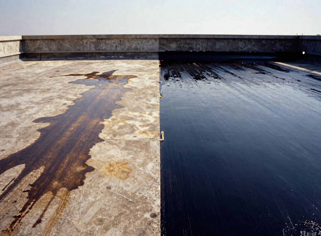 Before/After split image of a leaking concrete rooftop, showing dark water stains on the 'before' side and a clean, newly applied waterproof coating on the 'after' side, natural overcast daylight, deep navy and warm amber tones, crisp details, 35mm