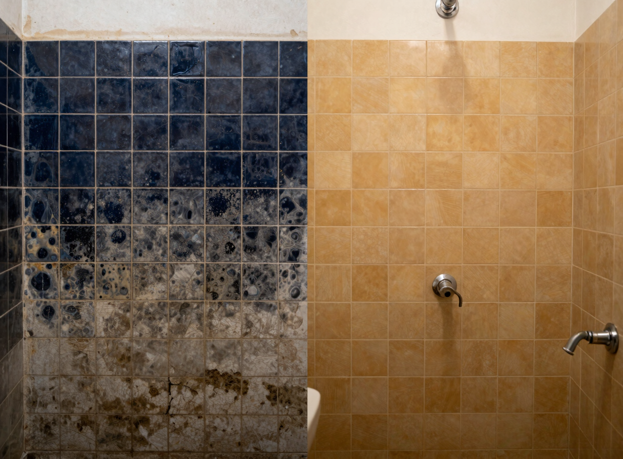 Before/After split image of an old, tiled bathroom with visible mold and cracks on the 'before' side, and a modern, clean, newly tiled bathroom with new fixtures on the 'after' side, natural overcast daylight, deep navy and warm amber tones, crisp details, 35mm