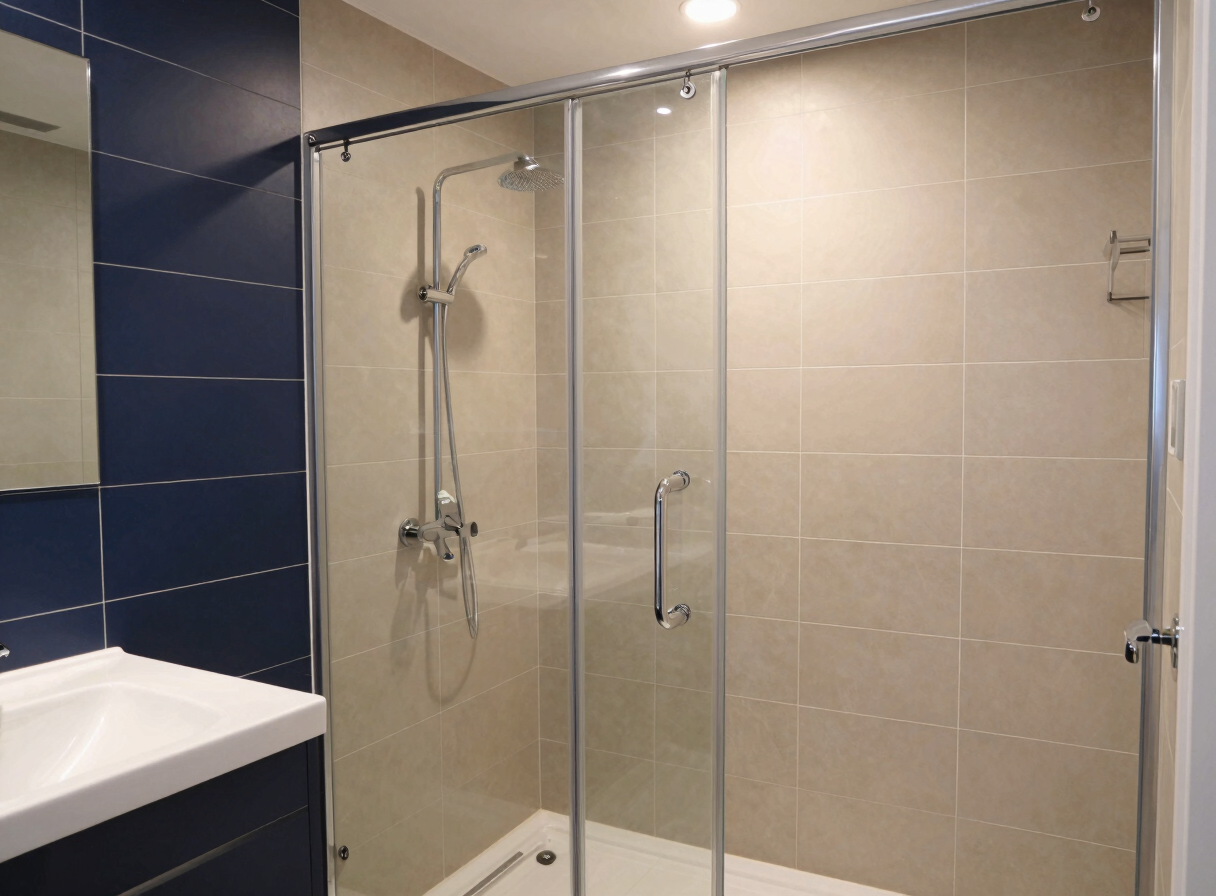 Modern, bright bathroom interior after renovation, showcasing a new walk-in shower with glass partition, contemporary tiles, and efficient lighting. Focus on the clean design and functional layout under soft, even light.
