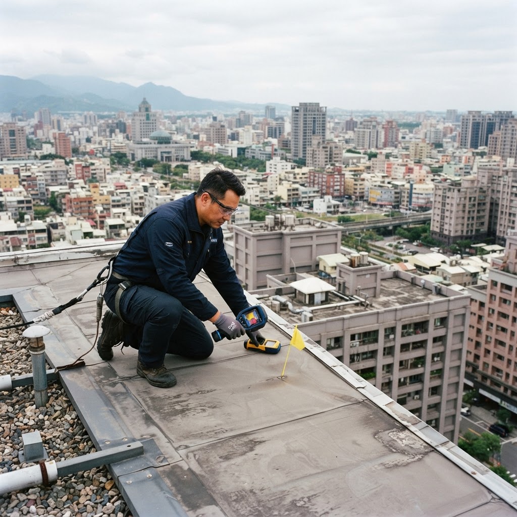 Wide shot of a skilled technician inspecting a roof with advanced moisture detection tools, Chiayi cityscape in the background, natural overcast daylight, deep navy and warm amber tones, crisp details, 35mm