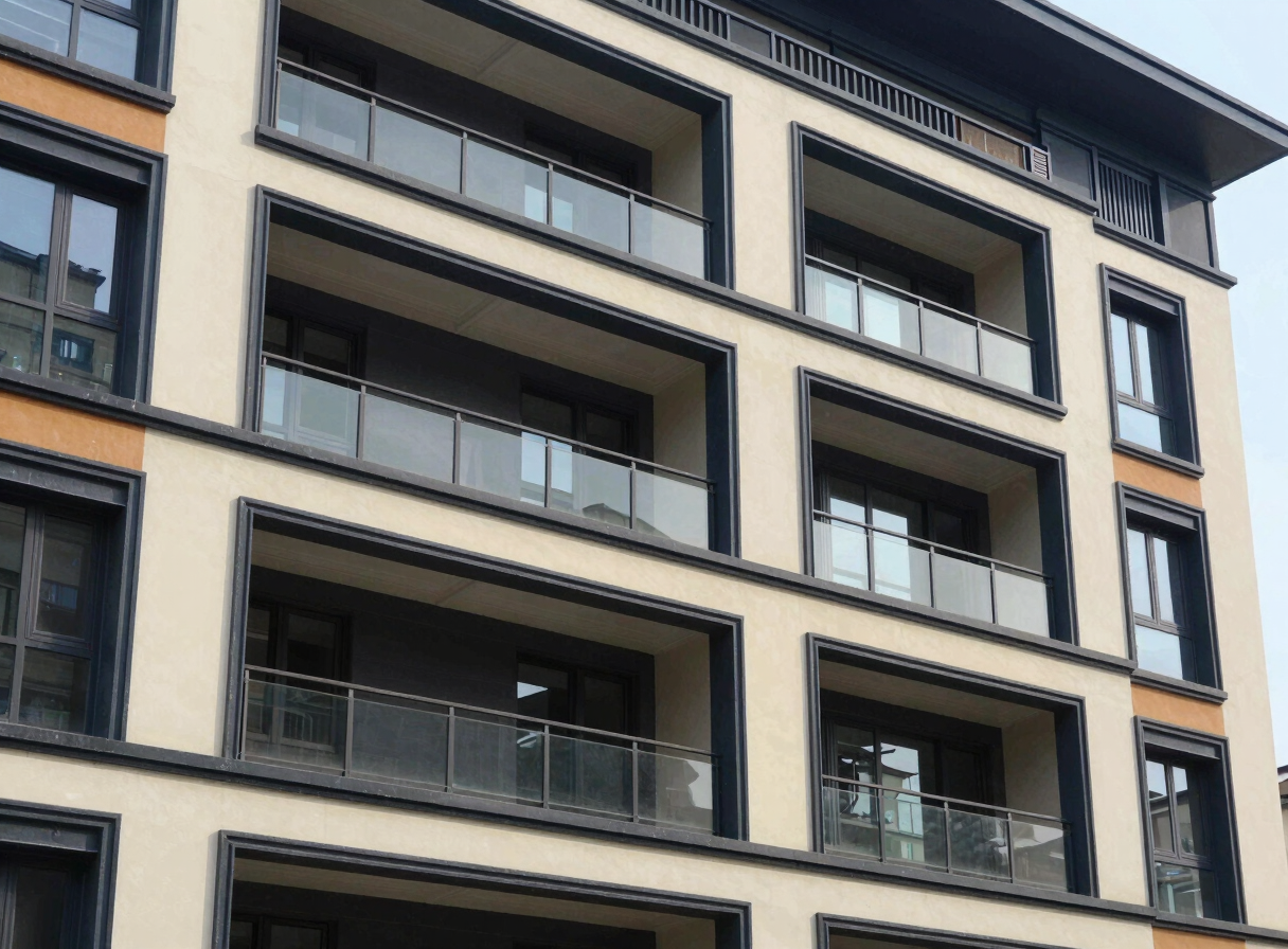 Exterior shot of a multi-story residential building with a freshly renovated facade, showing smooth, uniform texture and modern color scheme, under clear daylight. Highlight the architectural details and renewed appearance.